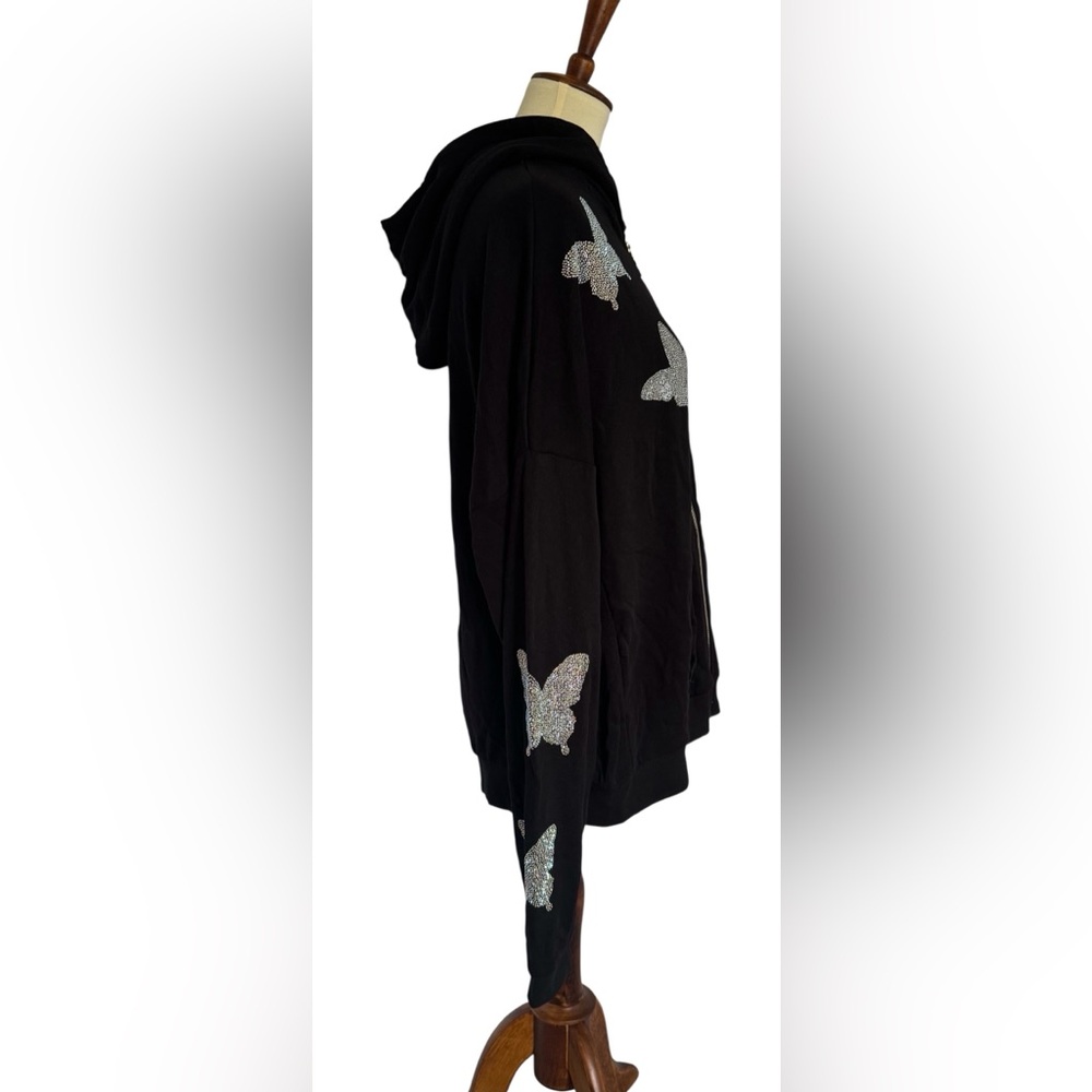 Lauren Moshi Koa Crystal Opal Butterfly Embellished Zip Black Hoodie Size Large - Picture 3 of 13